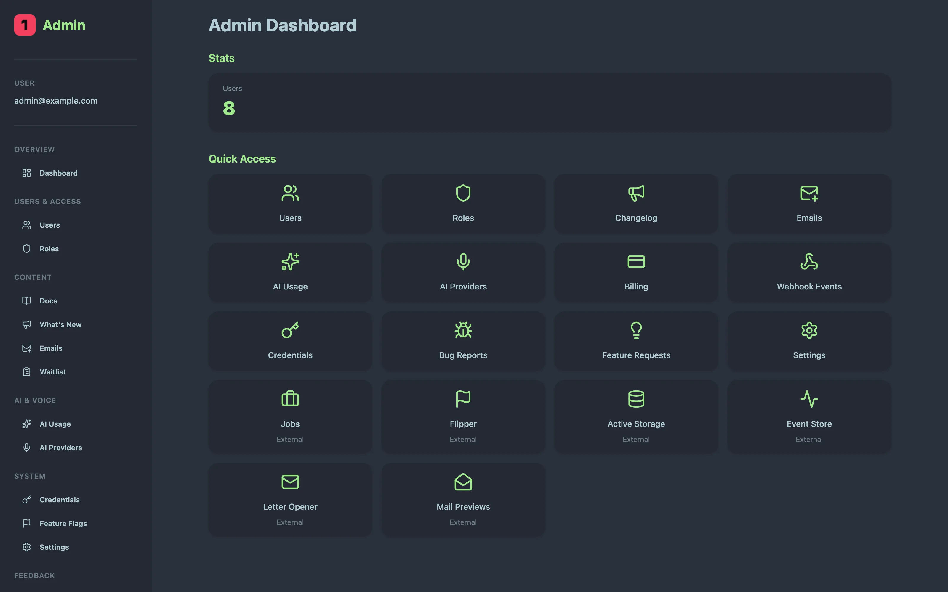 Uno admin dashboard — users, roles, billing, webhook events, feature flags, jobs
